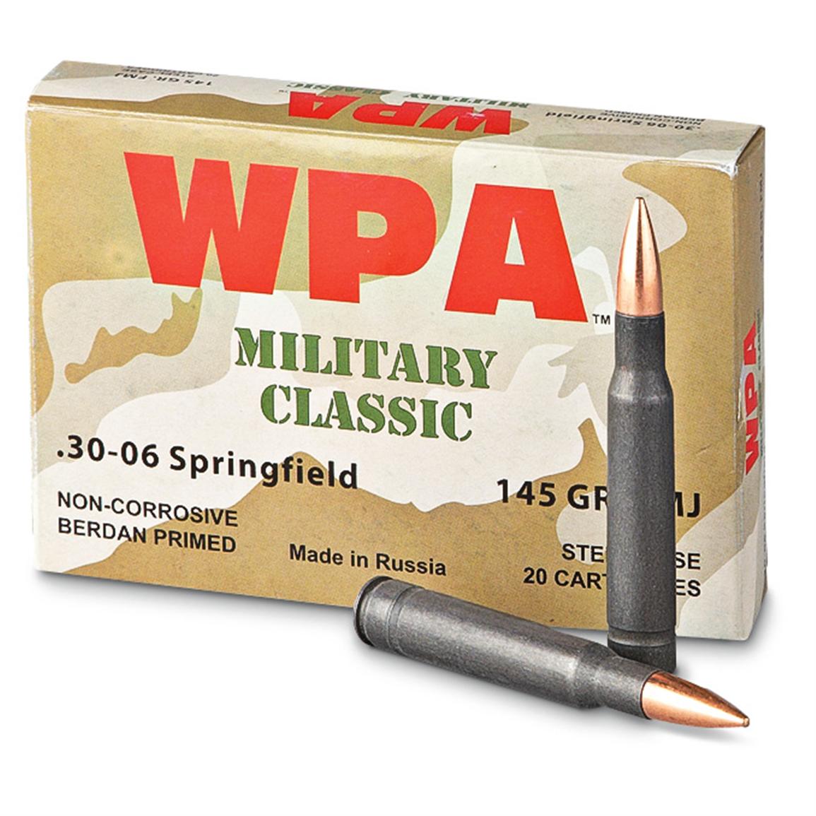 Military-style production-ready to rock your gun’s world. Item Number: 219834 Mfg. Number: MC3006FMJ145/AK UPC: 885344231217 Caliber: .30-06 Bullet Weight: 145 grain Bullet Style: FMJ Muzzle Velocity: 2,781 F.P.S. Muzzle Energy: 2,490 ft.-lbs. Case Type: Steel Primer Type: Berdan, non-reloadable Corrosive: No Rounds: 500