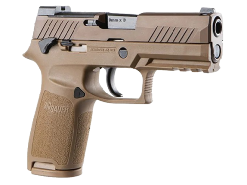 Sig Sauer P320-M18 Semi-Automatic Pistol 9mm Luger 3.9″ Carbon Steel Barrel Stainless Steel Frame Coyote PVD Stainless Steel Slide Carry Polymer Medium Grips 21 Round