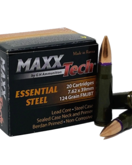 Brand MaxxTech Caliber 7.62x39mm Model Essential Steel Bullet Weight 124 Grain Bullet Type Full Metal Jacket Reloadable No Case Type Steel Rounds Per Box 20 Rounds Per Box Boxes Per Case 50 Boxes Per Case Muzzle Energy ft-lbs Muzzle Velocity fps *Sealed Neck and Primer* -Lacquered Steel Case -This Ammunition was made in the Vympel Factory