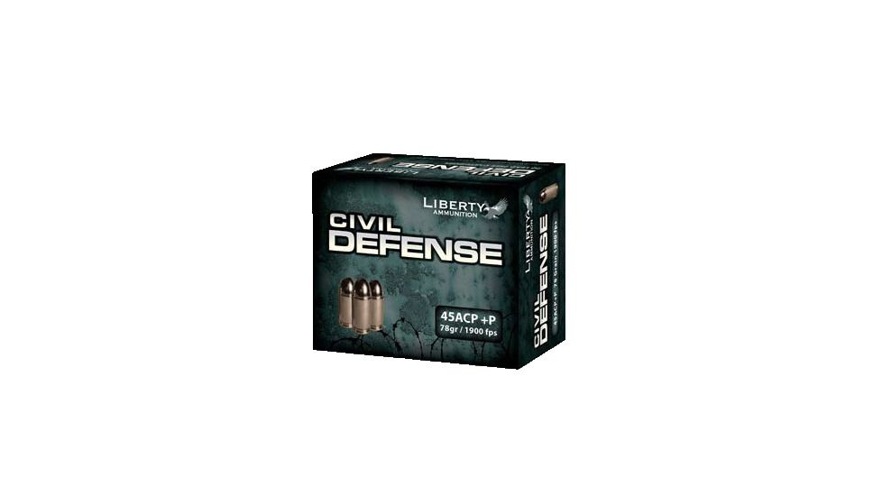 Trust the Liberty Ammunition 45 ACP 78 Grain Hollow Point to protect you against daily threats with its reliable firepower and devastating impact upon striking a target. Liberty Ammunition crafted this 45 ACP Ammunition with enhanced stopping power with reduced over-penetration to achieve maximum damage without endangering innocent civilians. These Liberty Ammunition .45 ACP 78gr Hollow Point Rounds offer 24-31% less felt recoil which will improve your precision with each shot fired. Each bullet will fire with vigorous velocity and ample kinetic energy to cripple targets, ensuring clean and efficient takedowns. Stay protected and ready to diffuse dangerous situations while equipped with Liberty Ammunition Civil Defense 45 ACP+P 78 Ammo. Specifications for Liberty Ammunition Civil Defense .45 ACP +P 78 grain Hollow Point Brass Cased Centerfire Pistol Ammunition: Caliber: .45 ACP Number of Rounds: 500/1000 Bullet Type: Hollow Point (HP) Bullet Weight: 78 grain Cartridge Case Material: Brass Package-Type: Box Primer Location: Centerfire Features of Liberty Ammunition Civil Defense .45 ACP +P 78 grain Hollow Point Brass Cased Centerfire Pistol Ammunition: 24 to 31% less felt recoil 90 to 106% more velocity 29 to 38% more kinetic energy Reduced over-penetration More stopping power Velocity: 1900 FPS Kinetic Energy: 600 FPE The entire Civil Defense line is lead-free and California compliant Package Contents: Liberty Ammunition Civil Defense .45 ACP +P 78 grain Hollow Point Brass Cased Centerfire Pistol Ammunition