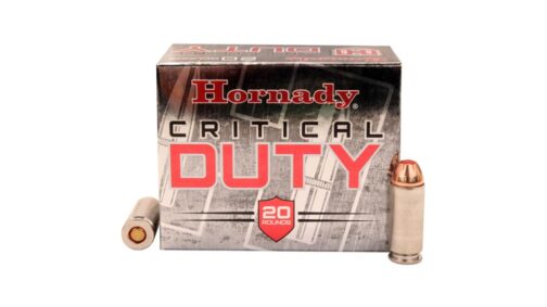 Designed to meet the needs of those who demand superior barrier penetration and prefer a full-size handgun for their personal protection. Critical Duty is loaded with the tough Hornady FlexLock bullet that delivers “barrier blind” performance when shot through common urban barriers. The FlexLock bullet incorporates two revolutionary Hornady features to deliver superior barrier penetration and consistent performance in FBI tactical handgun ammunition tests (FBI Protocol). The patented Hornady Flex Tip design eliminates clogging and aids bullet expansion. A large mechanical jacket-to-core InterLock band works to keep the bullet and core from separating for maximum weight retention, excellent expansion, consistent penetration, and terminal performance through all FBI test barriers. Bright nickel-plated cases simplify chamber checks in reduced light. Additionally, all Critical Duty ammunition is loaded with low flash propellant to help preserve night vision in the low-light firing. Specifications for Hornady Critical Duty 10mm Auto 175 Grain FlexLock Centerfire Pistol Ammunition: Caliber: 10mm Auto Number of Rounds: 500/1000 Bullet Type: FlexLock (FL) Bullet Weight: 175 grain Cartridge Case Material: Nickel Plated Brass Muzzle Velocity: 1160 ft/s Package-Type: Box Application: Self Defense Primer Location: Centerfire Sectional Density: 0.156 Muzzle Energy: 523 ft-lbs G1 Ballistic Coefficient: 0.16 Features of Hornady Critical Duty 10mm Auto 175 Grain FlexLock Centerfire Pistol Ammunition: FlexLock Bullet: Incorporates two revolutionary Hornady features: the no-clog, patented Flex Tip design and the heavy-duty jacket-to-core InterLock band. InterLock Band: Works to keep the bullet and core from separating for maximum weight retention and proven terminal performance through all FBI test barriers. Core: Made of high-antimony lead making it extremely tough, delivering controlled expansion for unparalleled terminal performance consistency through all FBI test barriers. It’s also more economical than similar bonded bullets. Nickel-Plated Crimped Cases: Nickel plating resists corrosion and greatly enhances low-light chamber checks. The cannelured bullet with a crimped case ensures no bullet setback during feeding. Package Contents: Hornady Critical Duty 10mm Auto 175 Grain FlexLock Centerfire Pistol Ammunition