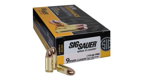 Engineered to match SIG V-Crown ballistics for a more seamless transition from practice to carry ammunition, SIG FMJ delivers round after round of affordable, premium-level performance. Featuring dependable primers and the same exceptional, clean-burning propellants used in breakthrough SIG V-Crown defense rounds, SIG FMJ durable copper-jacketed bullets remain intact on impact with equivalent point-of-impact, recoil, and energy. Practice or competition, SIG FMJ measures up. WARNING: California`s Proposition 65 Specifications for Sig Sauer Elite Ball 9mm Luger 115 grain Full Metal Jacket Brass Cased Centerfire Pistol Ammunition: Caliber: 9mm Luger Bullet Type: Full Metal Jacket (FMJ) Bullet Weight: 115 grain Cartridge Case Material: Brass Muzzle Velocity: 1185 ft/s Package-Type: Box Primer Location: Centerfire Muzzle Energy: 359 ft-lbs Features of Sig Sauer Elite Ball 9mm Luger FMJ 115gr Pistol Ammo Fully-reloadable brass casings make it more affordable for the everyday shooter Muzzle Energy: 359 ft-lb Package Contents: Sig Sauer Elite Ball 9mm Luger FMJ 115gr Pistol Ammo